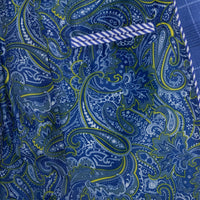 VINCI Men's Blue Plaid Stretch 3 Piece Slim Fit 1 Button Suit – NEW. Features a bold peak lapel jacket with one-button closure, low cut vest, and flat-front pants with unfinished hems for custom tailoring. A modern, stylish choice for office or evening wear. Available at Fashion House Inc. (FH Menswear, Style #SV1W-1)