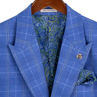 VINCI Men's Blue Plaid Stretch 3 Piece Slim Fit 1 Button Suit – NEW. Features a bold peak lapel jacket with one-button closure, low cut vest, and flat-front pants with unfinished hems for custom tailoring. A modern, stylish choice for office or evening wear. Available at Fashion House Inc. (FH Menswear, Style #SV1W-1)