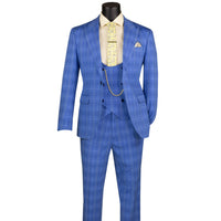 VINCI Men's Blue Plaid Stretch 3 Piece Slim Fit 1 Button Suit – NEW. Features a bold peak lapel jacket with one-button closure, low cut vest, and flat-front pants with unfinished hems for custom tailoring. A modern, stylish choice for office or evening wear. Available at Fashion House Inc. (FH Menswear, Style #SV1W-1)