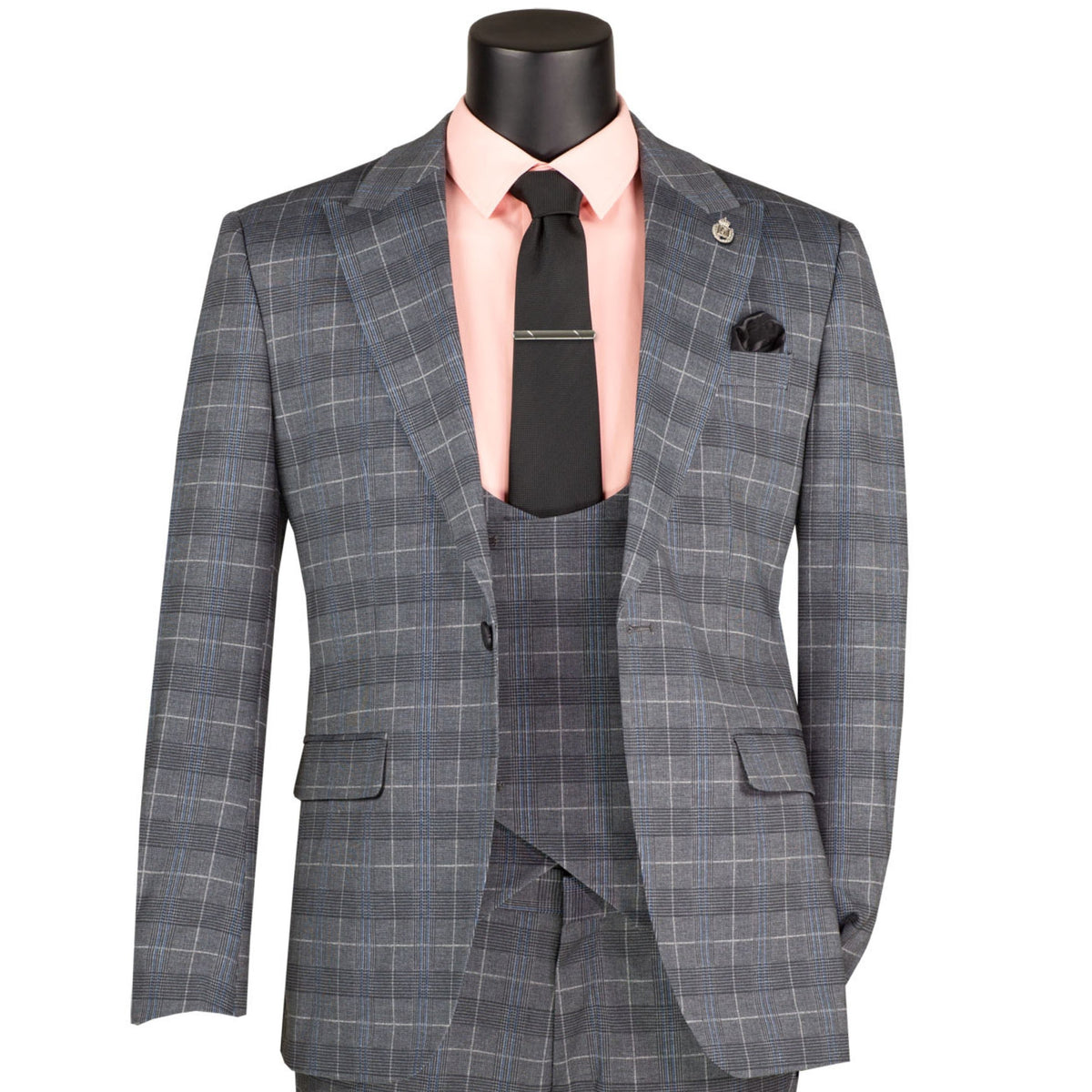 VINCI Men's Gray Plaid Stretch 3 Piece Slim Fit 1 Button Suit – NEW. Features a bold peak lapel jacket with one-button closure, low cut vest, and flat-front pants with unfinished hems for custom tailoring. A modern, stylish choice for office or evening wear. Available at Fashion House Inc. (FH Menswear, Style #SV1W-1)