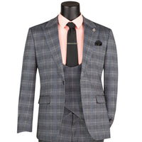 VINCI Men's Gray Plaid Stretch 3 Piece Slim Fit 1 Button Suit – NEW. Features a bold peak lapel jacket with one-button closure, low cut vest, and flat-front pants with unfinished hems for custom tailoring. A modern, stylish choice for office or evening wear. Available at Fashion House Inc. (FH Menswear, Style #SV1W-1)