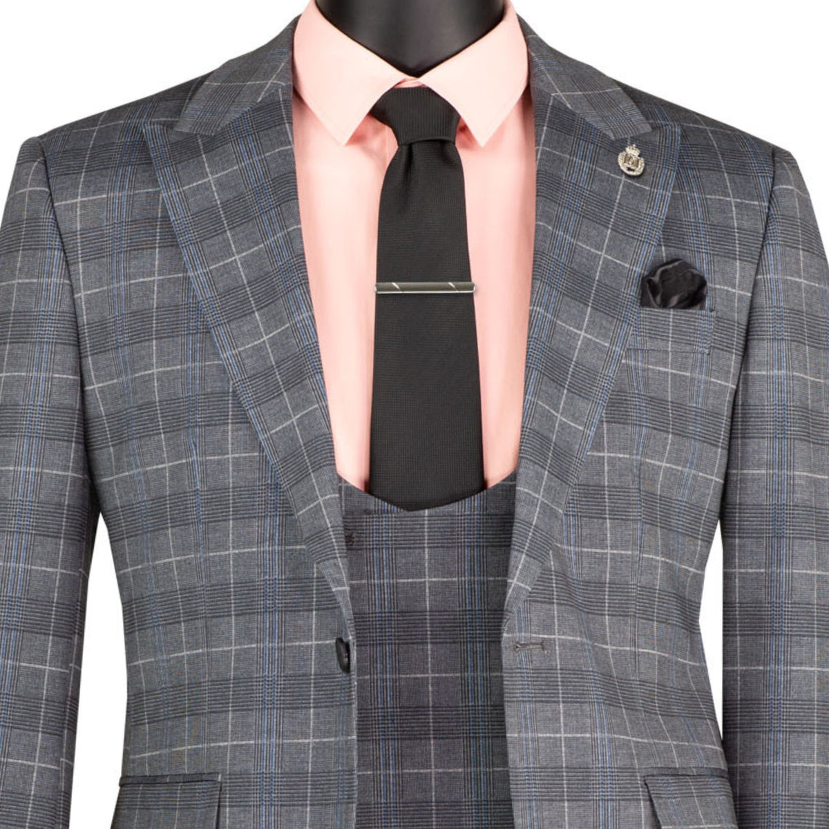 VINCI Men's Gray Plaid Stretch 3 Piece Slim Fit 1 Button Suit – NEW. Features a bold peak lapel jacket with one-button closure, low cut vest, and flat-front pants with unfinished hems for custom tailoring. A modern, stylish choice for office or evening wear. Available at Fashion House Inc. (FH Menswear, Style #SV1W-1)