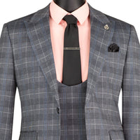 VINCI Men's Gray Plaid Stretch 3 Piece Slim Fit 1 Button Suit – NEW. Features a bold peak lapel jacket with one-button closure, low cut vest, and flat-front pants with unfinished hems for custom tailoring. A modern, stylish choice for office or evening wear. Available at Fashion House Inc. (FH Menswear, Style #SV1W-1)