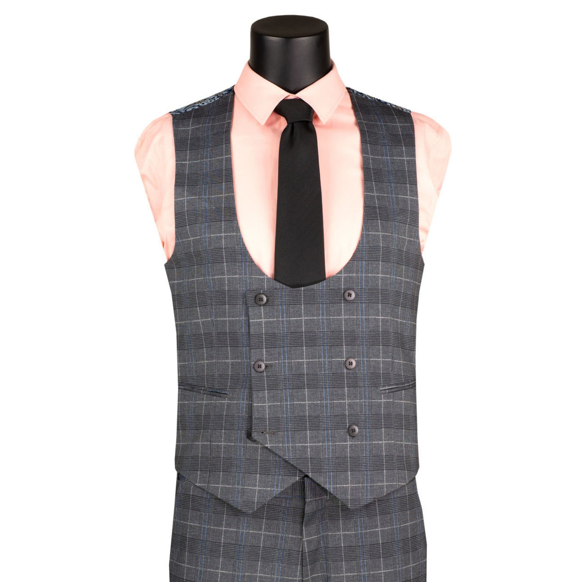VINCI Men's Gray Plaid Stretch 3 Piece Slim Fit 1 Button Suit – NEW. Features a bold peak lapel jacket with one-button closure, low cut vest, and flat-front pants with unfinished hems for custom tailoring. A modern, stylish choice for office or evening wear. Available at Fashion House Inc. (FH Menswear, Style #SV1W-1)