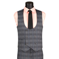 VINCI Men's Gray Plaid Stretch 3 Piece Slim Fit 1 Button Suit – NEW. Features a bold peak lapel jacket with one-button closure, low cut vest, and flat-front pants with unfinished hems for custom tailoring. A modern, stylish choice for office or evening wear. Available at Fashion House Inc. (FH Menswear, Style #SV1W-1)
