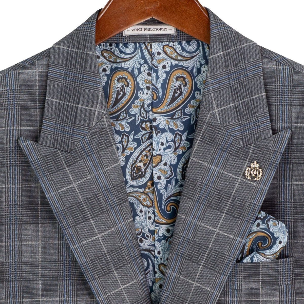VINCI Men's Gray Plaid Stretch 3 Piece Slim Fit 1 Button Suit – NEW. Features a bold peak lapel jacket with one-button closure, low cut vest, and flat-front pants with unfinished hems for custom tailoring. A modern, stylish choice for office or evening wear. Available at Fashion House Inc. (FH Menswear, Style #SV1W-1)