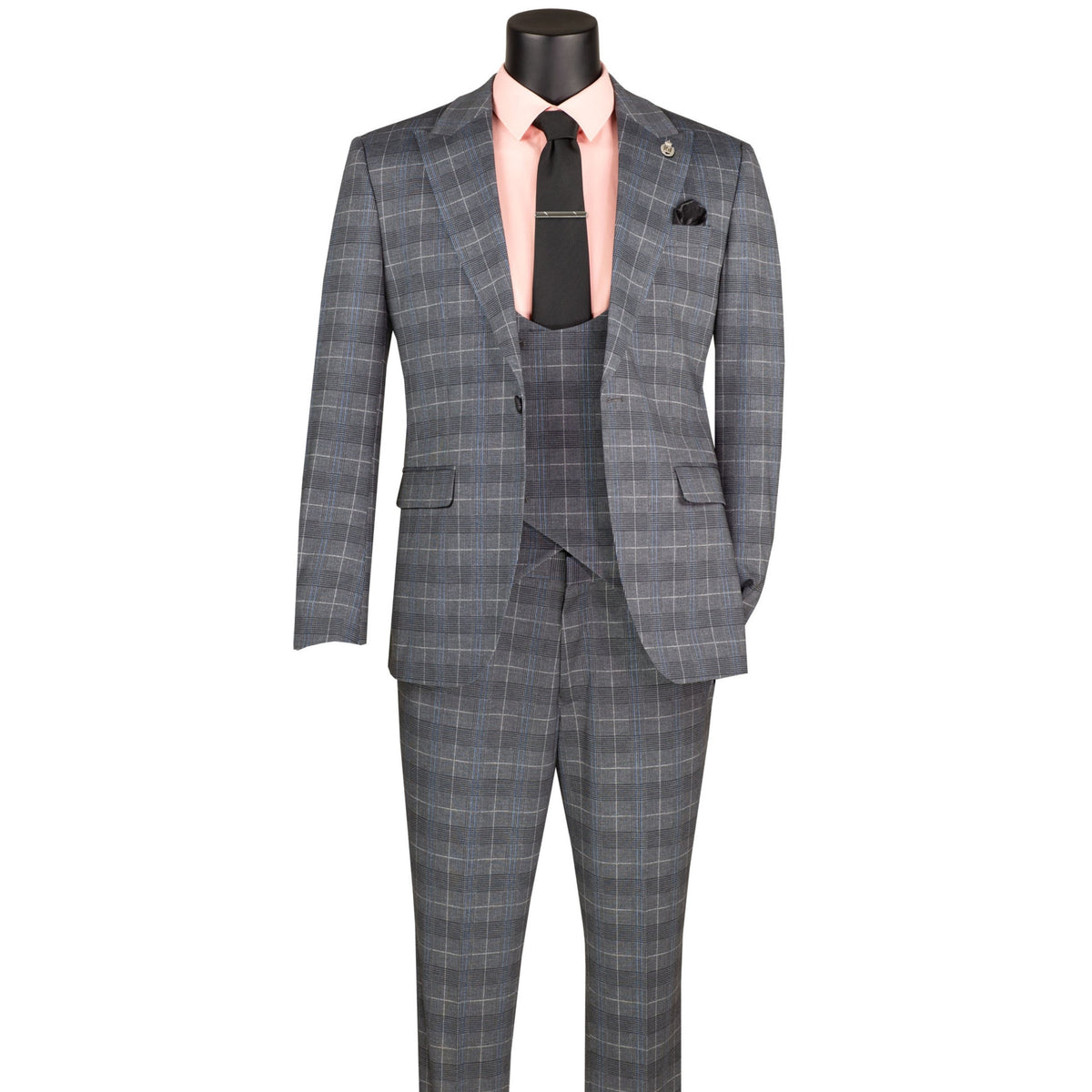 VINCI Men's Gray Plaid Stretch 3 Piece Slim Fit 1 Button Suit – NEW. Features a bold peak lapel jacket with one-button closure, low cut vest, and flat-front pants with unfinished hems for custom tailoring. A modern, stylish choice for office or evening wear. Available at Fashion House Inc. (FH Menswear, Style #SV1W-1)