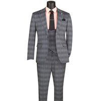VINCI Men's Gray Plaid Stretch 3 Piece Slim Fit 1 Button Suit – NEW. Features a bold peak lapel jacket with one-button closure, low cut vest, and flat-front pants with unfinished hems for custom tailoring. A modern, stylish choice for office or evening wear. Available at Fashion House Inc. (FH Menswear, Style #SV1W-1)