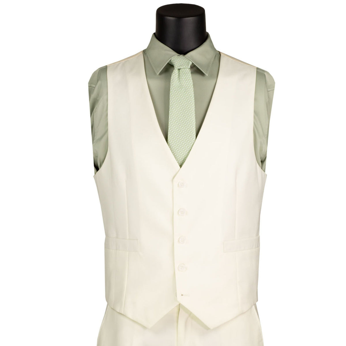 VINCI Men's Ivory 3-Piece 2-Button Slim Suit with Matching Vest - NEW. Elegantly lined jacket with classic notch lapel, paired with flat-front pants for custom tailoring, offering a modern slim silhouette. Perfect for formal and professional occasions. Available at Fashion House Inc. (FH Menswear)
