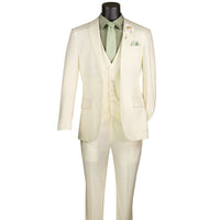 VINCI Men's Ivory 3-Piece 2-Button Slim Suit with Matching Vest - NEW. Elegantly lined jacket with classic notch lapel, paired with flat-front pants for custom tailoring, offering a modern slim silhouette. Perfect for formal and professional occasions. Available at Fashion House Inc. (FH Menswear)