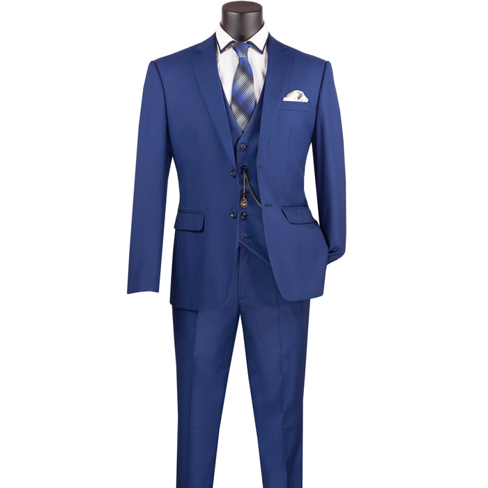 VINCI Men's Twilight Blue 3-Piece 2-Button Slim Suit with Matching Vest - NEW. Elegantly lined jacket with classic notch lapel, paired with flat-front pants for custom tailoring, offering a modern slim silhouette. Perfect for formal and professional occasions. Available at Fashion House Inc. (FH Menswear)