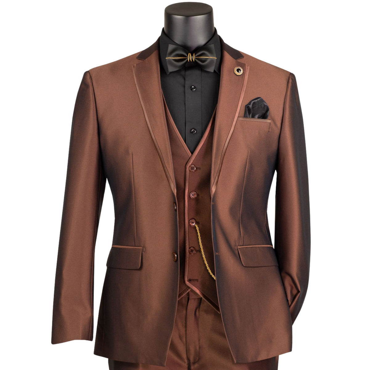 VINCI Men's Cappuccino Brown Satin Sharkskin 3 Piece 2 Button Slim Fit Suit NEW. Features a sleek satin trim jacket with classic notch lapel, a matching elegant vest, and flat front pants for custom tailoring. Ideal for special events and elegant evenings, providing timeless style and sophistication. Available at Fashion House Inc. (FH Menswear, Style #SV2D-1, SO1SV2D-1-CAPPUCCINO, Slim Fit 3 Piece Satin Suit in Cappuccino)