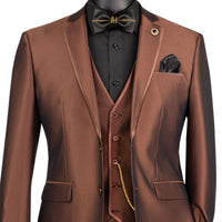 VINCI Men's Cappuccino Brown Satin Sharkskin 3 Piece 2 Button Slim Fit Suit NEW. Features a sleek satin trim jacket with classic notch lapel, a matching elegant vest, and flat front pants for custom tailoring. Ideal for special events and elegant evenings, providing timeless style and sophistication. Available at Fashion House Inc. (FH Menswear, Style #SV2D-1, SO1SV2D-1-CAPPUCCINO, Slim Fit 3 Piece Satin Suit in Cappuccino)