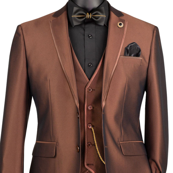 VINCI Men's Cappuccino Brown Satin Sharkskin 3 Piece 2 Button Slim Fit Suit NEW. Features a sleek satin trim jacket with classic notch lapel, a matching elegant vest, and flat front pants for custom tailoring. Ideal for special events and elegant evenings, providing timeless style and sophistication. Available at Fashion House Inc. (FH Menswear, Style #SV2D-1, SO1SV2D-1-CAPPUCCINO, Slim Fit 3 Piece Satin Suit in Cappuccino)