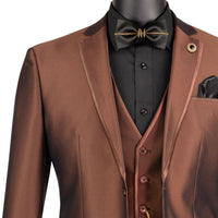 VINCI Men's Cappuccino Brown Satin Sharkskin 3 Piece 2 Button Slim Fit Suit NEW. Features a sleek satin trim jacket with classic notch lapel, a matching elegant vest, and flat front pants for custom tailoring. Ideal for special events and elegant evenings, providing timeless style and sophistication. Available at Fashion House Inc. (FH Menswear, Style #SV2D-1, SO1SV2D-1-CAPPUCCINO, Slim Fit 3 Piece Satin Suit in Cappuccino)