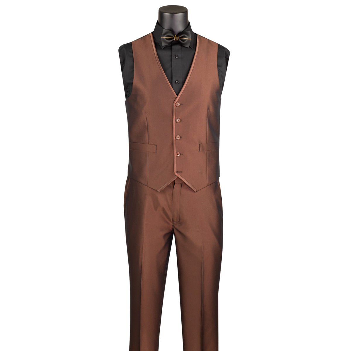 VINCI Men's Cappuccino Brown Satin Sharkskin 3 Piece 2 Button Slim Fit Suit NEW. Features a sleek satin trim jacket with classic notch lapel, a matching elegant vest, and flat front pants for custom tailoring. Ideal for special events and elegant evenings, providing timeless style and sophistication. Available at Fashion House Inc. (FH Menswear, Style #SV2D-1, SO1SV2D-1-CAPPUCCINO, Slim Fit 3 Piece Satin Suit in Cappuccino)