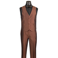 VINCI Men's Cappuccino Brown Satin Sharkskin 3 Piece 2 Button Slim Fit Suit NEW. Features a sleek satin trim jacket with classic notch lapel, a matching elegant vest, and flat front pants for custom tailoring. Ideal for special events and elegant evenings, providing timeless style and sophistication. Available at Fashion House Inc. (FH Menswear, Style #SV2D-1, SO1SV2D-1-CAPPUCCINO, Slim Fit 3 Piece Satin Suit in Cappuccino)