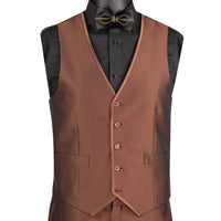 VINCI Men's Cappuccino Brown Satin Sharkskin 3 Piece 2 Button Slim Fit Suit NEW. Features a sleek satin trim jacket with classic notch lapel, a matching elegant vest, and flat front pants for custom tailoring. Ideal for special events and elegant evenings, providing timeless style and sophistication. Available at Fashion House Inc. (FH Menswear, Style #SV2D-1, SO1SV2D-1-CAPPUCCINO, Slim Fit 3 Piece Satin Suit in Cappuccino)
