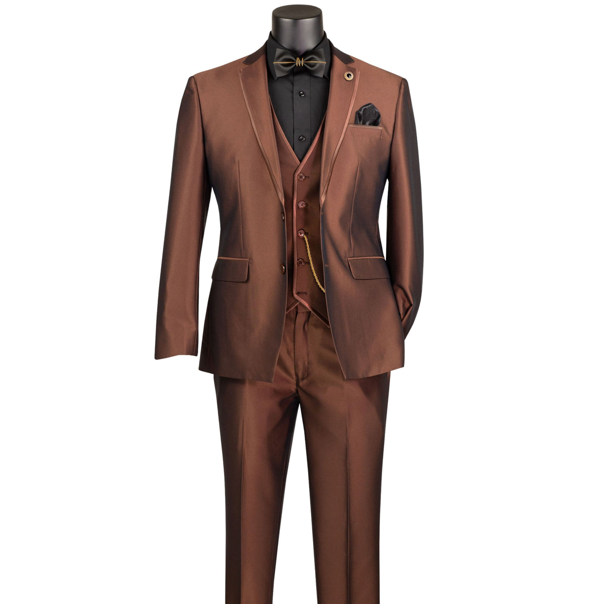 VINCI Men's Cappuccino Brown Satin Sharkskin 3 Piece 2 Button Slim Fit Suit NEW. Features a sleek satin trim jacket with classic notch lapel, a matching elegant vest, and flat front pants for custom tailoring. Ideal for special events and elegant evenings, providing timeless style and sophistication. Available at Fashion House Inc. (FH Menswear, Style #SV2D-1, SO1SV2D-1-CAPPUCCINO, Slim Fit 3 Piece Satin Suit in Cappuccino)
