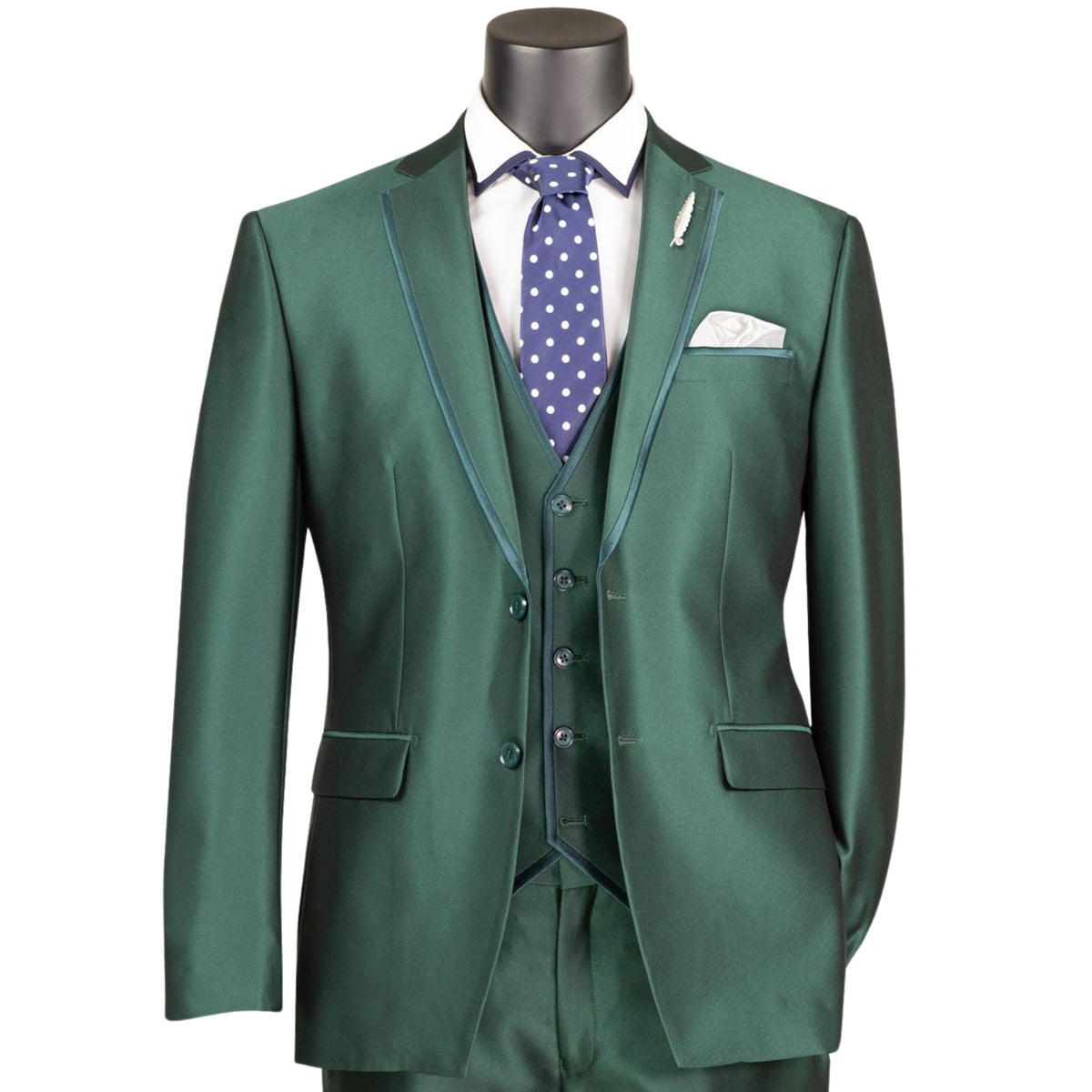 VINCI Men's Hunter Green Satin Sharkskin 3 Piece 2 Button Slim Fit Suit NEW. Features a sleek satin trim jacket with classic notch lapel, a matching elegant vest, and flat front pants for custom tailoring. Ideal for special events and elegant evenings, providing timeless style and sophistication. Available at Fashion House Inc. (FH Menswear, Style #SV2D-1, SO1SV2D-1-HUNTERGREEN, Slim Fit 3 Piece Satin Suit in Hunter Green)