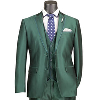 VINCI Men's Hunter Green Satin Sharkskin 3 Piece 2 Button Slim Fit Suit NEW. Features a sleek satin trim jacket with classic notch lapel, a matching elegant vest, and flat front pants for custom tailoring. Ideal for special events and elegant evenings, providing timeless style and sophistication. Available at Fashion House Inc. (FH Menswear, Style #SV2D-1, SO1SV2D-1-HUNTERGREEN, Slim Fit 3 Piece Satin Suit in Hunter Green)