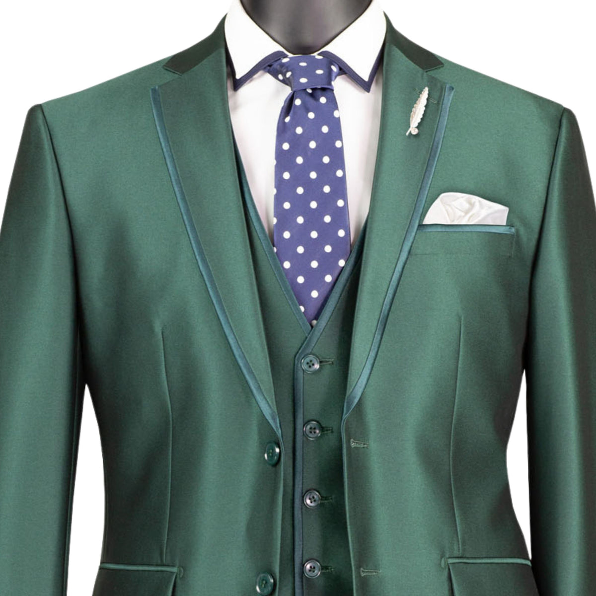 VINCI Men's Hunter Green Satin Sharkskin 3 Piece 2 Button Slim Fit Suit NEW. Features a sleek satin trim jacket with classic notch lapel, a matching elegant vest, and flat front pants for custom tailoring. Ideal for special events and elegant evenings, providing timeless style and sophistication. Available at Fashion House Inc. (FH Menswear, Style #SV2D-1, SO1SV2D-1-HUNTERGREEN, Slim Fit 3 Piece Satin Suit in Hunter Green)