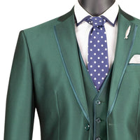 VINCI Men's Hunter Green Satin Sharkskin 3 Piece 2 Button Slim Fit Suit NEW. Features a sleek satin trim jacket with classic notch lapel, a matching elegant vest, and flat front pants for custom tailoring. Ideal for special events and elegant evenings, providing timeless style and sophistication. Available at Fashion House Inc. (FH Menswear, Style #SV2D-1, SO1SV2D-1-HUNTERGREEN, Slim Fit 3 Piece Satin Suit in Hunter Green)