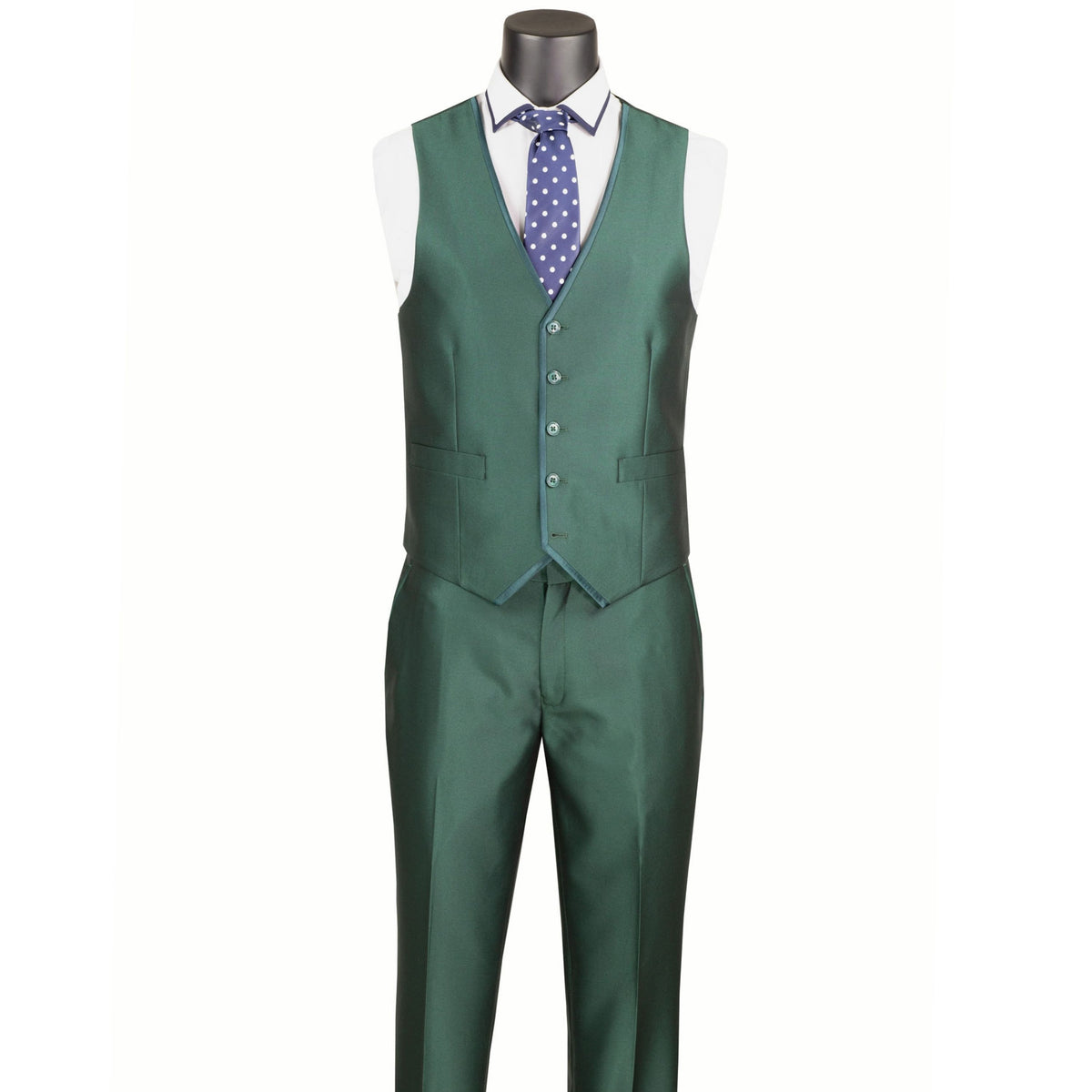 VINCI Men's Hunter Green Satin Sharkskin 3 Piece 2 Button Slim Fit Suit NEW. Features a sleek satin trim jacket with classic notch lapel, a matching elegant vest, and flat front pants for custom tailoring. Ideal for special events and elegant evenings, providing timeless style and sophistication. Available at Fashion House Inc. (FH Menswear, Style #SV2D-1, SO1SV2D-1-HUNTERGREEN, Slim Fit 3 Piece Satin Suit in Hunter Green)