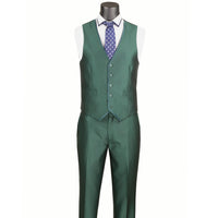 VINCI Men's Hunter Green Satin Sharkskin 3 Piece 2 Button Slim Fit Suit NEW. Features a sleek satin trim jacket with classic notch lapel, a matching elegant vest, and flat front pants for custom tailoring. Ideal for special events and elegant evenings, providing timeless style and sophistication. Available at Fashion House Inc. (FH Menswear, Style #SV2D-1, SO1SV2D-1-HUNTERGREEN, Slim Fit 3 Piece Satin Suit in Hunter Green)