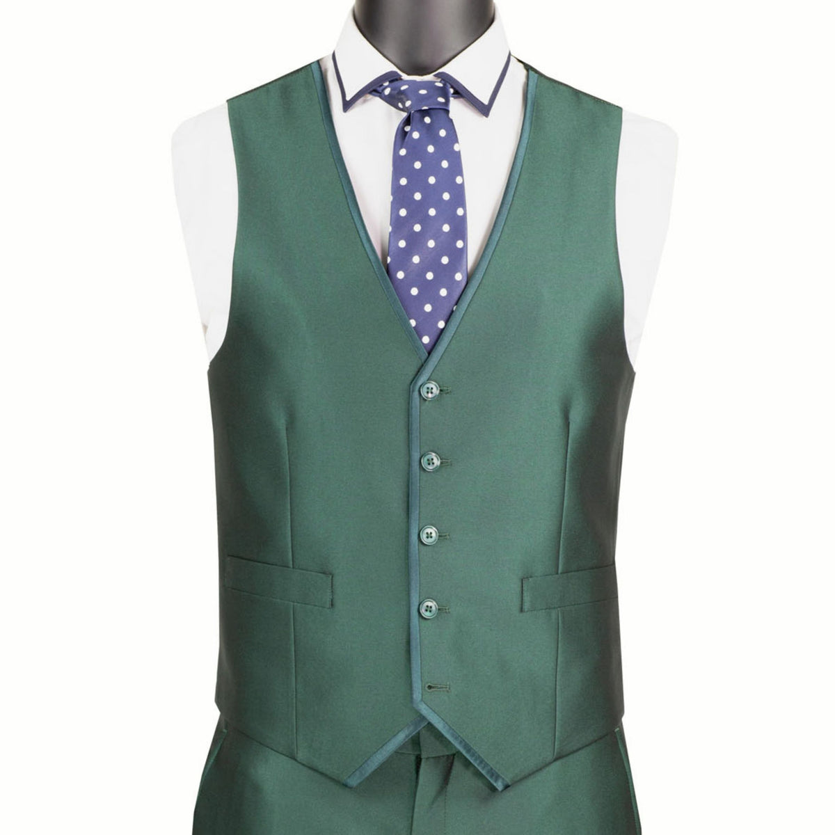 VINCI Men's Hunter Green Satin Sharkskin 3 Piece 2 Button Slim Fit Suit NEW. Features a sleek satin trim jacket with classic notch lapel, a matching elegant vest, and flat front pants for custom tailoring. Ideal for special events and elegant evenings, providing timeless style and sophistication. Available at Fashion House Inc. (FH Menswear, Style #SV2D-1, SO1SV2D-1-HUNTERGREEN, Slim Fit 3 Piece Satin Suit in Hunter Green)