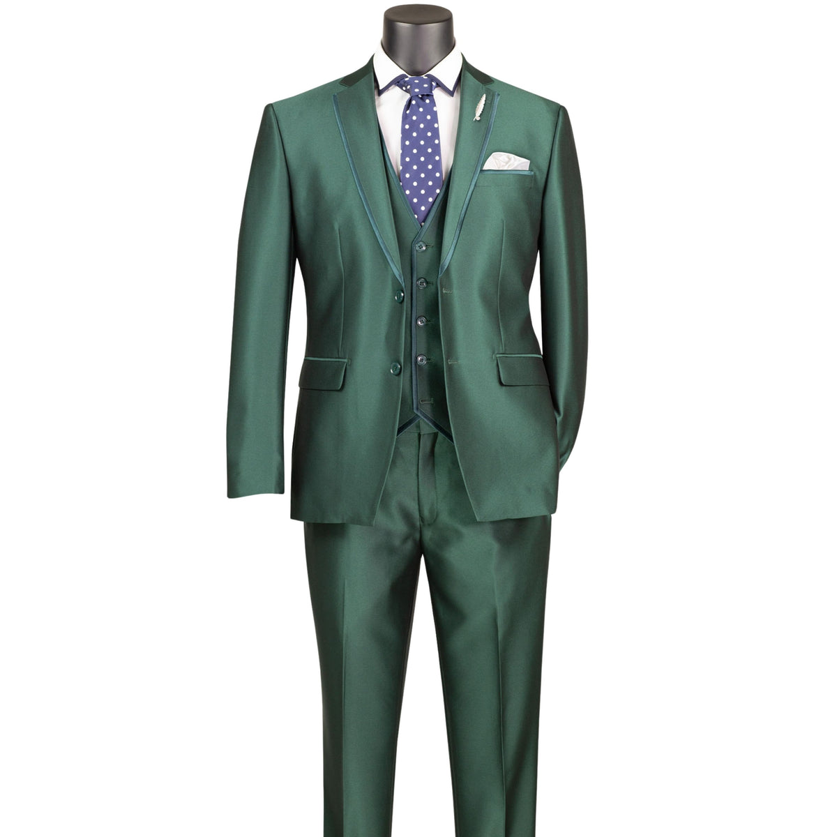 VINCI Men's Hunter Green Satin Sharkskin 3 Piece 2 Button Slim Fit Suit NEW. Features a sleek satin trim jacket with classic notch lapel, a matching elegant vest, and flat front pants for custom tailoring. Ideal for special events and elegant evenings, providing timeless style and sophistication. Available at Fashion House Inc. (FH Menswear, Style #SV2D-1, SO1SV2D-1-HUNTERGREEN, Slim Fit 3 Piece Satin Suit in Hunter Green)