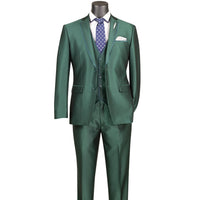 VINCI Men's Hunter Green Satin Sharkskin 3 Piece 2 Button Slim Fit Suit NEW. Features a sleek satin trim jacket with classic notch lapel, a matching elegant vest, and flat front pants for custom tailoring. Ideal for special events and elegant evenings, providing timeless style and sophistication. Available at Fashion House Inc. (FH Menswear, Style #SV2D-1, SO1SV2D-1-HUNTERGREEN, Slim Fit 3 Piece Satin Suit in Hunter Green)