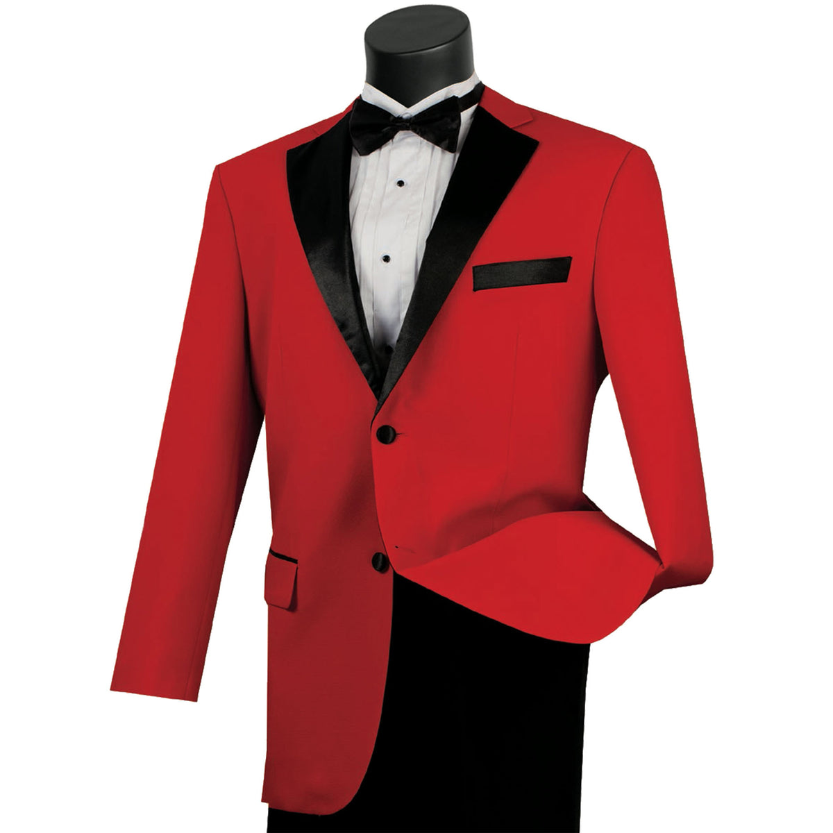 LUCCI Men's Red Classic Fit Polyester Tuxedo Suit NEW. Elegant design with a fully lined jacket featuring a black sateen notch lapel, and pleated pants for custom tailoring. Ideal for special occasions, showcasing timeless style and sophistication. Available at Fashion House Inc. (FH Menswear)