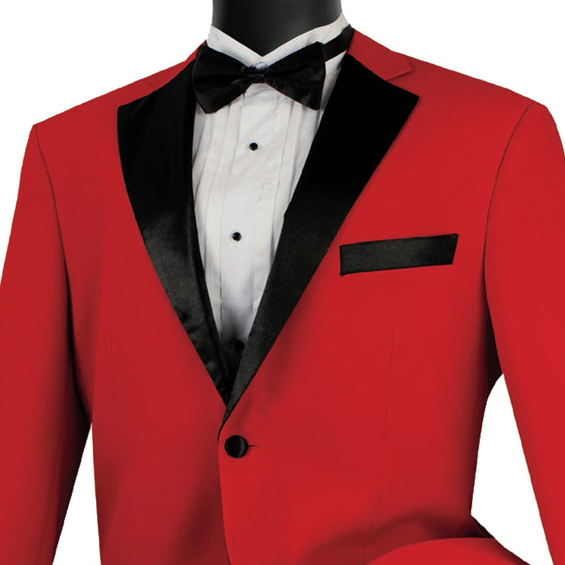 LUCCI Men's Red Classic Fit Polyester Tuxedo Suit NEW. Elegant design with a fully lined jacket featuring a black sateen notch lapel, and pleated pants for custom tailoring. Ideal for special occasions, showcasing timeless style and sophistication. Available at Fashion House Inc. (FH Menswear)