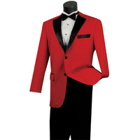 LUCCI Men's Red Classic Fit Polyester Tuxedo Suit NEW. Elegant design with a fully lined jacket featuring a black sateen notch lapel, and pleated pants for custom tailoring. Ideal for special occasions, showcasing timeless style and sophistication. Available at Fashion House Inc. (FH Menswear)