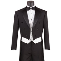 VINCI Men's Black 3-Piece Classic-Fit Tailcoat Tuxedo Suit NEW. Features an elegantly lined tailcoat with sateen notch lapel, matching 5-button vest, and pleated pants ready for custom tailoring. Perfect for special events, offering timeless style and sophistication. Available at Fashion House Inc. (FH Menswear)