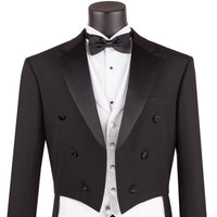 VINCI Men's Black 3-Piece Classic-Fit Tailcoat Tuxedo Suit NEW. Features an elegantly lined tailcoat with sateen notch lapel, matching 5-button vest, and pleated pants ready for custom tailoring. Perfect for special events, offering timeless style and sophistication. Available at Fashion House Inc. (FH Menswear)