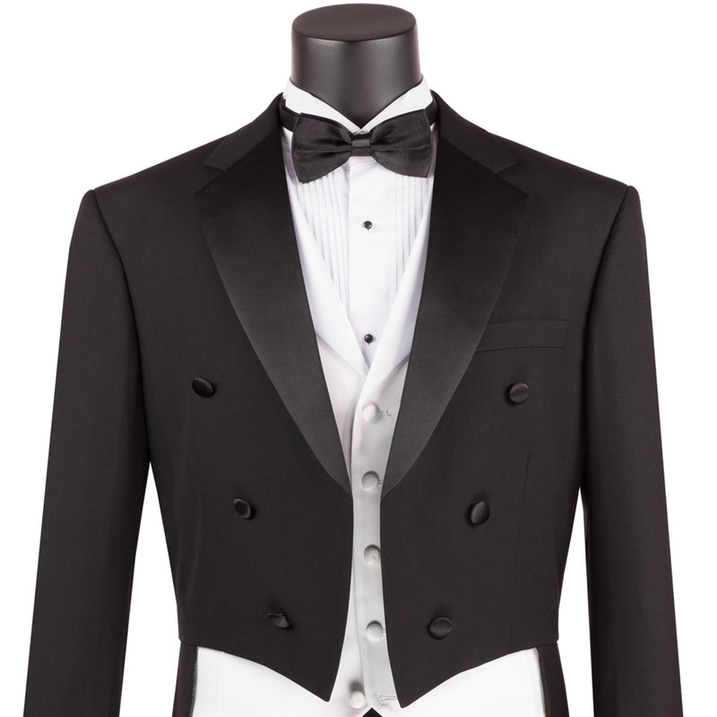 VINCI Men's Black 3-Piece Classic-Fit Tailcoat Tuxedo Suit NEW. Features an elegantly lined tailcoat with sateen notch lapel, matching 5-button vest, and pleated pants ready for custom tailoring. Perfect for special events, offering timeless style and sophistication. Available at Fashion House Inc. (FH Menswear)