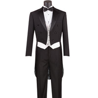 VINCI Men's Black 3-Piece Classic-Fit Tailcoat Tuxedo Suit NEW. Features an elegantly lined tailcoat with sateen notch lapel, matching 5-button vest, and pleated pants ready for custom tailoring. Perfect for special events, offering timeless style and sophistication. Available at Fashion House Inc. (FH Menswear)