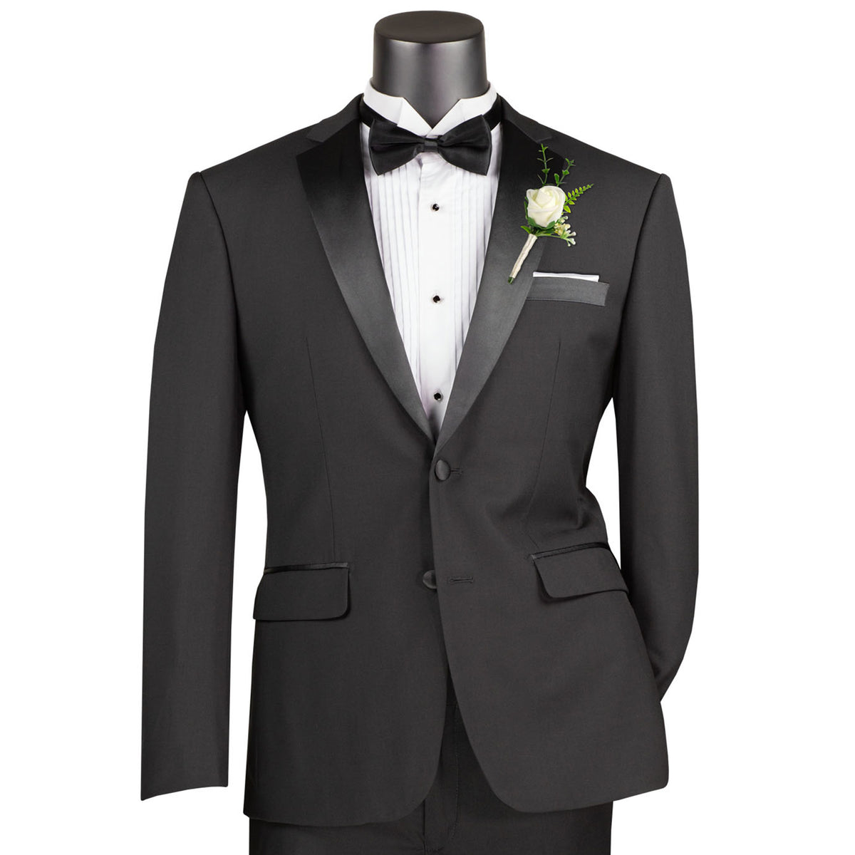 VINCI Men's Black Slim Fit Formal Tuxedo Suit with Sateen Lapel & Trim – NEW. Tailored in a sleek slim-fit silhouette with a fully lined jacket and refined sateen notch lapel, plus flat-front pants with unfinished hems for custom tailoring. A timeless choice for weddings, galas, and formal events. Available at Fashion House Inc. (FH Menswear, Style #T-SC900)