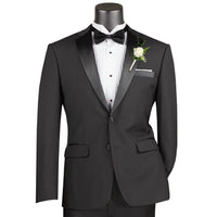 VINCI Men's Black Slim Fit Formal Tuxedo Suit with Sateen Lapel & Trim – NEW. Tailored in a sleek slim-fit silhouette with a fully lined jacket and refined sateen notch lapel, plus flat-front pants with unfinished hems for custom tailoring. A timeless choice for weddings, galas, and formal events. Available at Fashion House Inc. (FH Menswear, Style #T-SC900)