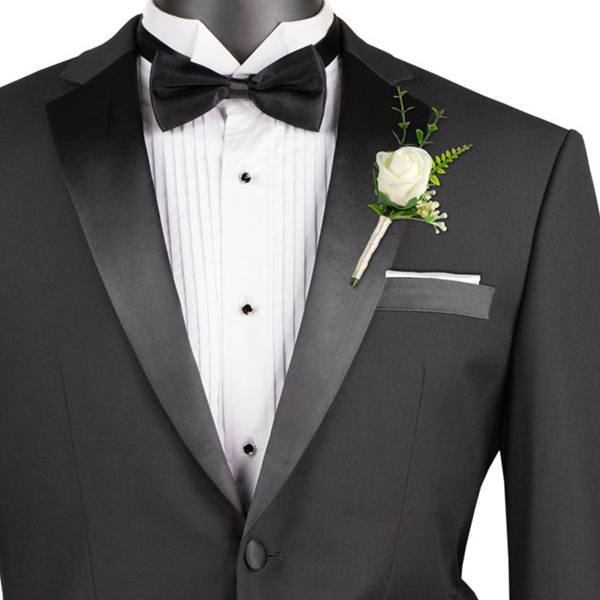 VINCI Men's Black Slim Fit Formal Tuxedo Suit with Sateen Lapel & Trim – NEW. Tailored in a sleek slim-fit silhouette with a fully lined jacket and refined sateen notch lapel, plus flat-front pants with unfinished hems for custom tailoring. A timeless choice for weddings, galas, and formal events. Available at Fashion House Inc. (FH Menswear, Style #T-SC900)