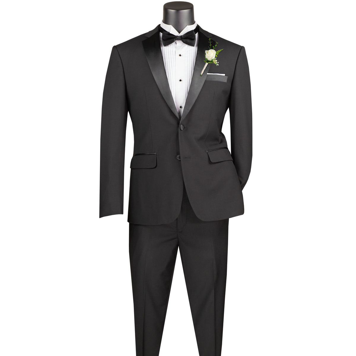 VINCI Men's Black Slim Fit Formal Tuxedo Suit with Sateen Lapel & Trim – NEW. Tailored in a sleek slim-fit silhouette with a fully lined jacket and refined sateen notch lapel, plus flat-front pants with unfinished hems for custom tailoring. A timeless choice for weddings, galas, and formal events. Available at Fashion House Inc. (FH Menswear, Style #T-SC900)
