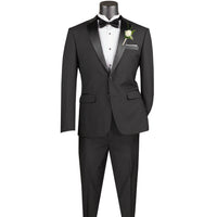 VINCI Men's Black Slim Fit Formal Tuxedo Suit with Sateen Lapel & Trim – NEW. Tailored in a sleek slim-fit silhouette with a fully lined jacket and refined sateen notch lapel, plus flat-front pants with unfinished hems for custom tailoring. A timeless choice for weddings, galas, and formal events. Available at Fashion House Inc. (FH Menswear, Style #T-SC900)