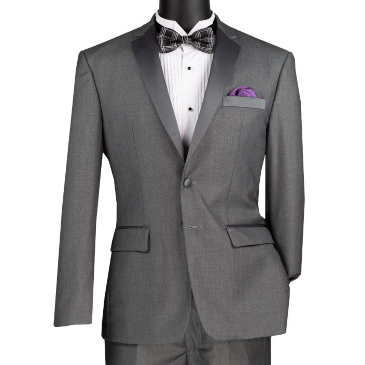 VINCI Men's Gray Slim Fit Formal Tuxedo Suit with Sateen Lapel & Trim – NEW. Tailored in a sleek slim-fit silhouette with a fully lined jacket and refined sateen notch lapel, plus flat-front pants with unfinished hems for custom tailoring. A timeless choice for weddings, galas, and formal events. Available at Fashion House Inc. (FH Menswear, Style #T-SC900)