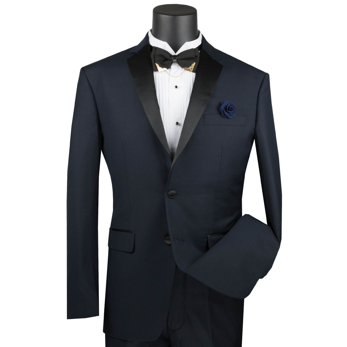 VINCI Men's Midnight Blue Slim Fit Formal Tuxedo Suit with Sateen Lapel & Trim – NEW. Tailored in a sleek slim-fit silhouette with a fully lined jacket and refined sateen notch lapel, plus flat-front pants with unfinished hems for custom tailoring. A timeless choice for weddings, galas, and formal events. Available at Fashion House Inc. (FH Menswear, Style #T-SC900)