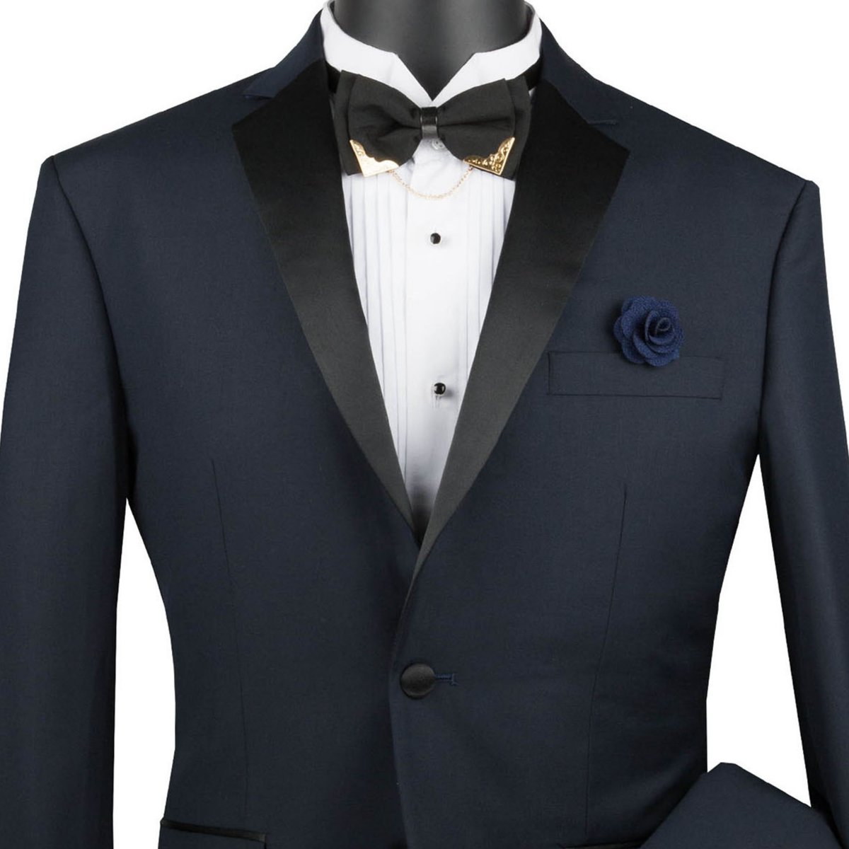 VINCI Men's Midnight Blue Slim Fit Formal Tuxedo Suit with Sateen Lapel & Trim – NEW. Tailored in a sleek slim-fit silhouette with a fully lined jacket and refined sateen notch lapel, plus flat-front pants with unfinished hems for custom tailoring. A timeless choice for weddings, galas, and formal events. Available at Fashion House Inc. (FH Menswear, Style #T-SC900)