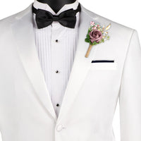 VINCI Men's White Slim Fit Formal Tuxedo Suit with Sateen Lapel & Trim – NEW. Tailored in a sleek slim-fit silhouette with a fully lined jacket and refined sateen notch lapel, plus flat-front pants with unfinished hems for custom tailoring. A timeless choice for weddings, galas, and formal events. Available at Fashion House Inc. (FH Menswear, Style #T-SC900)