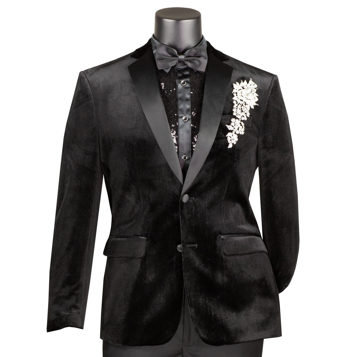 VINCI Men's Black Slim Fit Velvet Tuxedo Suit with Sateen Lapel & Trim - NEW. Features a sleek velvet jacket with sateen notch lapel and flat-front pants for tailored fit. A polished look for weddings, galas, and special occasions. Available at Fashion House Inc. (FH Menswear)