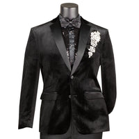 VINCI Men's Black Slim Fit Velvet Tuxedo Suit with Sateen Lapel & Trim - NEW. Features a sleek velvet jacket with sateen notch lapel and flat-front pants for tailored fit. A polished look for weddings, galas, and special occasions. Available at Fashion House Inc. (FH Menswear)
